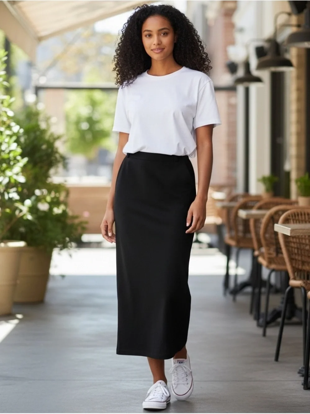 Commense Black Maxi Column Skirt NWT Size Large Minimalist Stretch Pull-On NWT